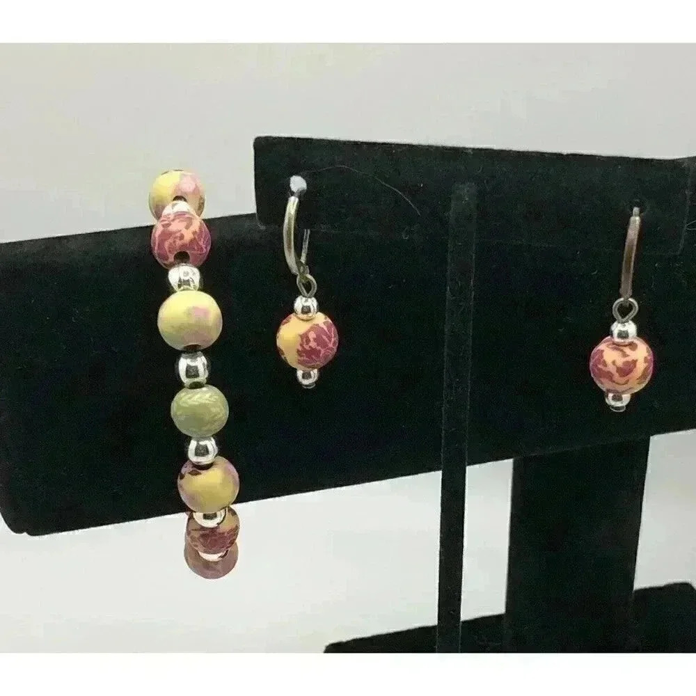 Viva Beads Stretch Bracelet and Earring Set Handmade Floral Boho Bohemian Folk